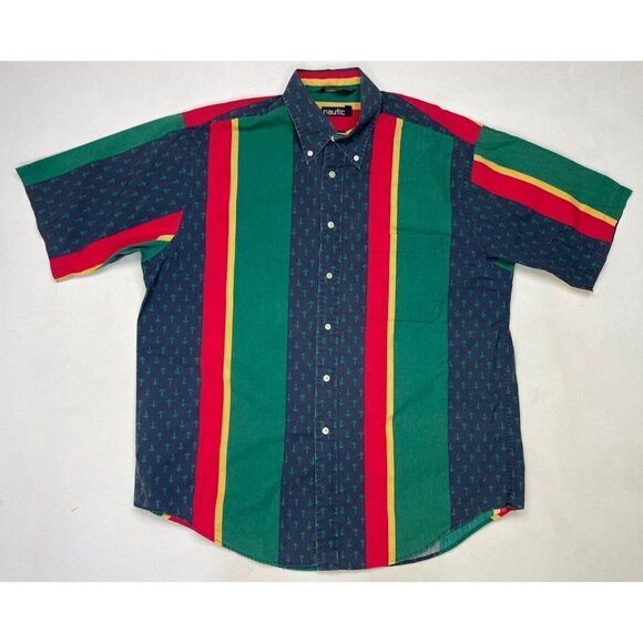 VINTAGE Nautica Colorblock Shirt Men Large Multicolor Short Sleeve USA 90s - Picture 1 of 5